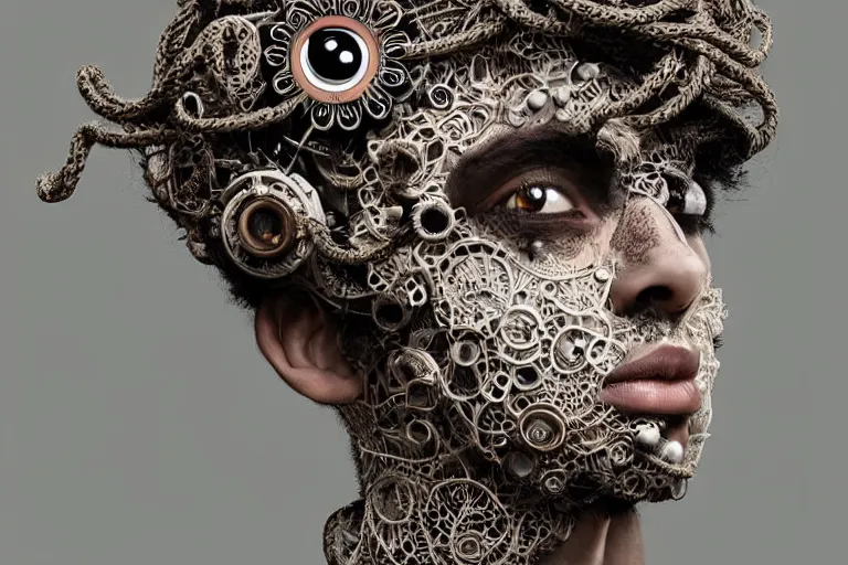 Image similar to stunning Rococopunk man_integrating_with_technology_full_face_insipiring_detailed_intricate_ornate_cables_connected_to_head_big_open_electric_eyes_ by Hironaka, Harumi