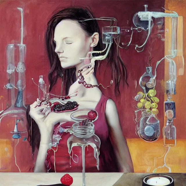 Prompt: “ sensual, a portrait in a female art student ’ s apartment, pancakes, woman holding a brain from inside a painting, berries, octopus, iv drip ; scientific glassware, art supplies, a candle dripping white wax, berry juice drips, neo - expressionism, surrealism, acrylic and spray paint and oilstick on canvas ”