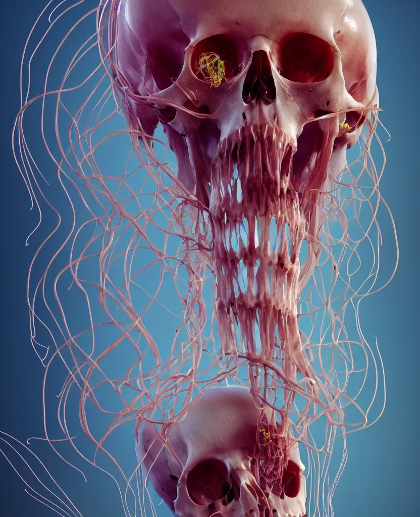 Image similar to composition of human skulls, animals skulls, bones, rib-cage. jellyfish orchids and betta fish, bioluminiscent, intricate artwork by Tooth Wu and wlop and beeple. octane render, trending on artstation, greg rutkowski very coherent symmetrical artwork. cinematic, hyper realism, high detail, octane render, 8k