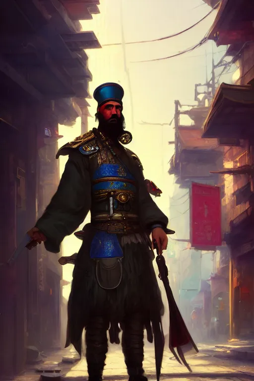 Image similar to a turkish janissary standing on a cyberpunk street, full body, extremely detailed digital painting, in the style of fenghua zhong and ruan jia and jeremy lipking and peter mohrbacher, mystical colors, rim light, beautiful lighting, 8 k, stunning scene, raytracing, octane, trending on artstation