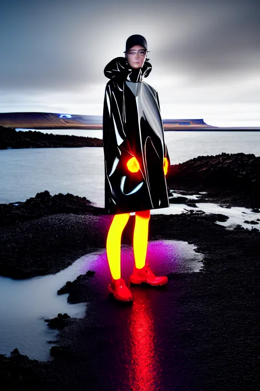 Image similar to an ultra high definition professional high fashion portrait studio full length photograph of a model wearing a transparent pearlescent raincoat and neon visor in an icelandic black rock environment at dawn. no artefacts. extremely detailed. stark. refraction. shallow depth of field. volumetric light and shadow. ray tracing. light rays.