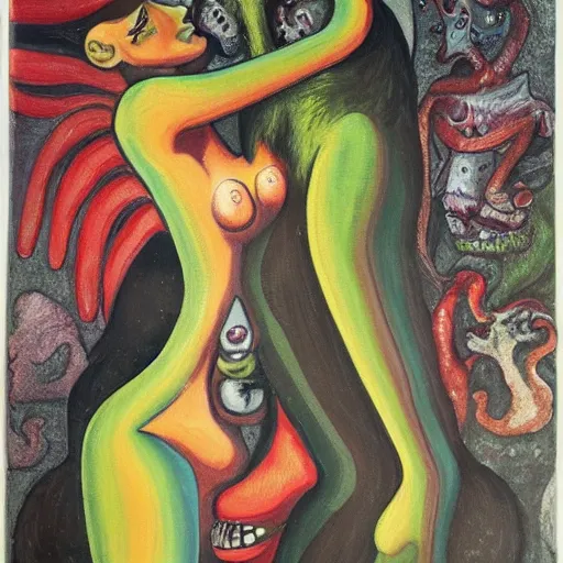 Image similar to acrylic painting by otto dix of a closeup of bizarre psychedelic femme creatures kissing each other, speculative evolution, exobiology