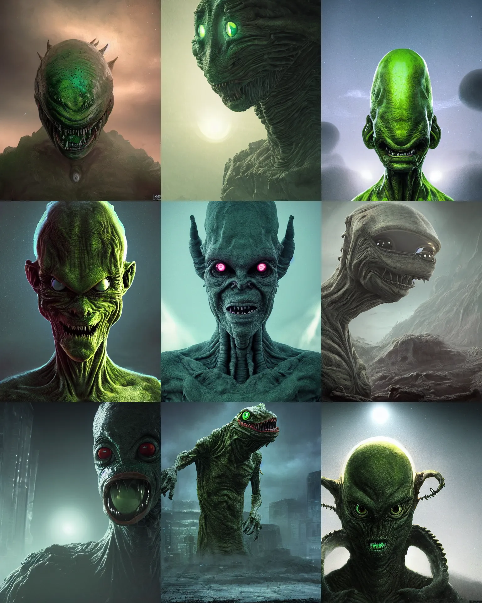 Prompt: grotesque alien with long forehead. green semitransparant cloudy lightly glowing eyes. high quality photorealistic octane render 4 k, hyperrealism, volumetric fog, scary, unnerving, serious, dark, fear, concept art of chris foss, trending on cgstation, symmetric, horror, gigantic kaiju looking down worms - eye - view