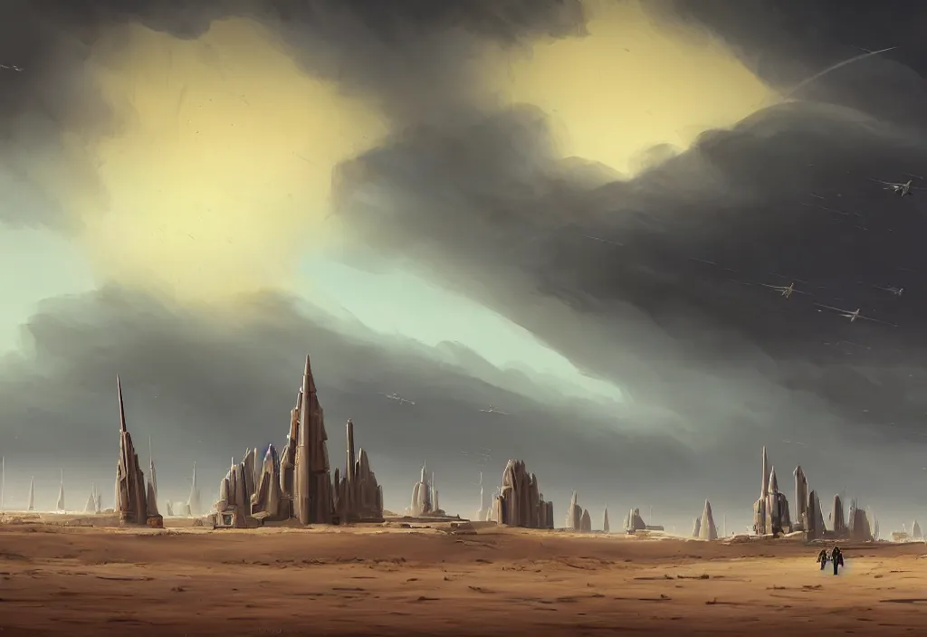 Prompt: one single tall spire military base surrounded by short city buildings and huts, stormy cloudy sky, storm, sand storm, rule of thirds, sand dunes, dune, matte painting, fine brush strokes, desert planet, war, star wars, warhammer 4 0 k, retro futurism, art deco, ralph mcquarrie, simon stalenhag