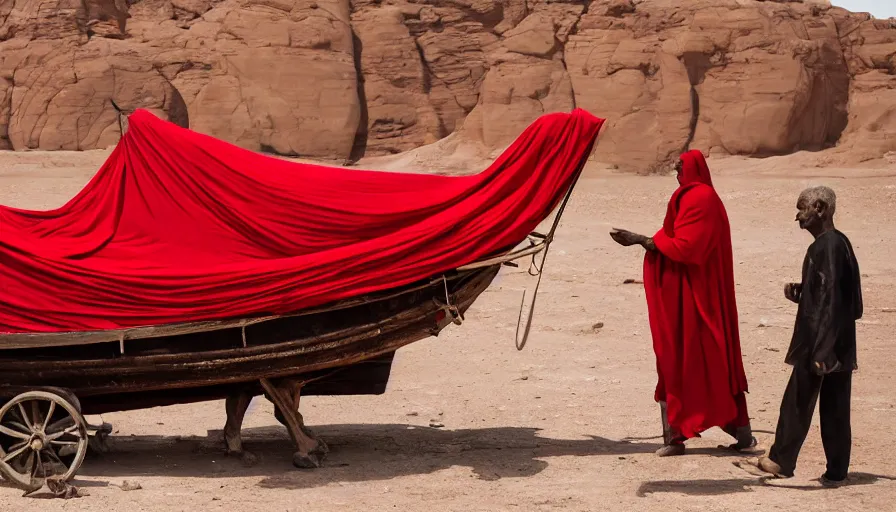 Prompt: movie still of a man in red drapery in a blood barque next to a neo - classical city in the desert, leica sl 2 5 0 mm, heavy grain, high quality, high detail, run, mud