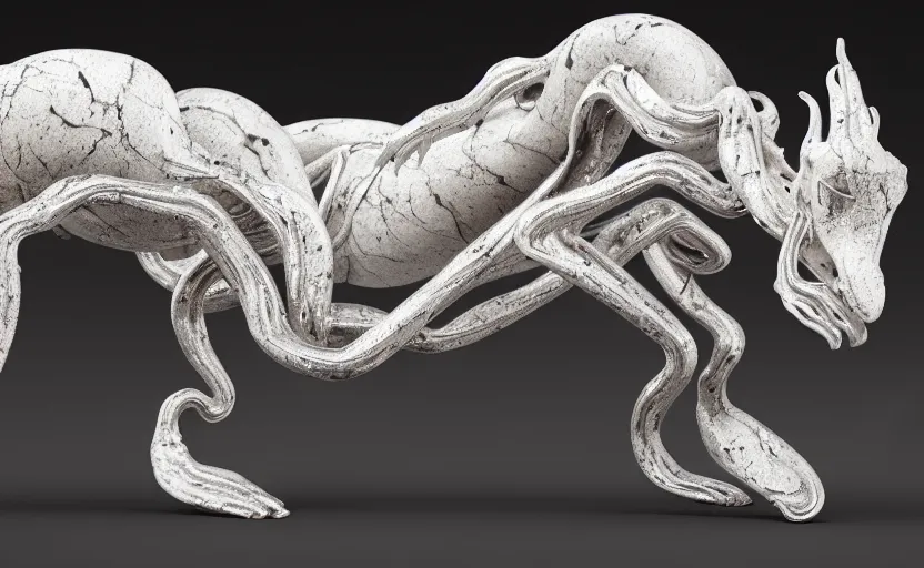 Image similar to stylized shiny polished silver statue full body extra limbs bizarre cosmic horror quadruped animal four legs made of marble of slug creature tendrils, perfect symmetrical body, perfect symmetrical face, hyper realistic, hyper detailed, by johannen voss, by michelangelo, octane render, blender, 8 k, displayed in pure white studio room
