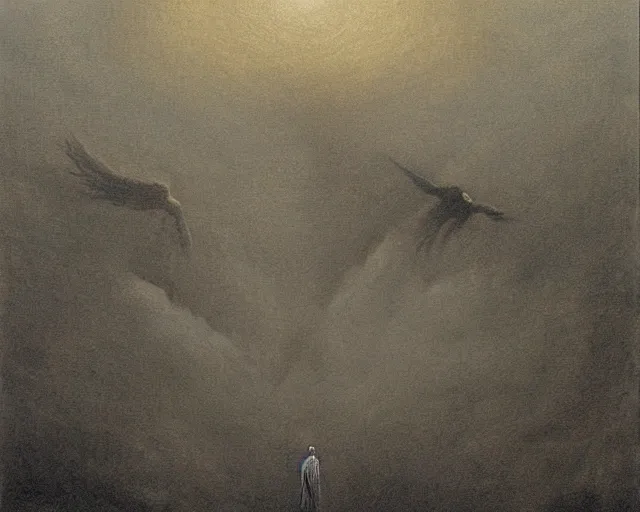 Prompt: giant terrifying birds god above a sky, scary, foreboding, mysterious minimalistic, by beksinski