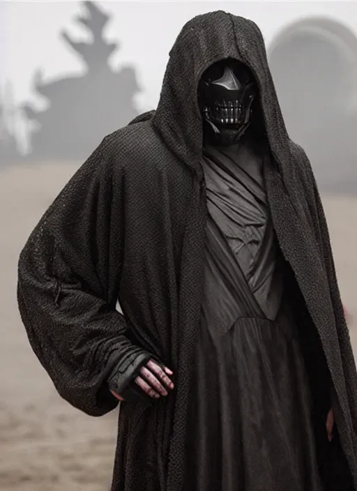 Image similar to dark figure wearing black robe with subtle trim gold accents hooded skull cyberpunk bladerunner 2049 movie still (2017)