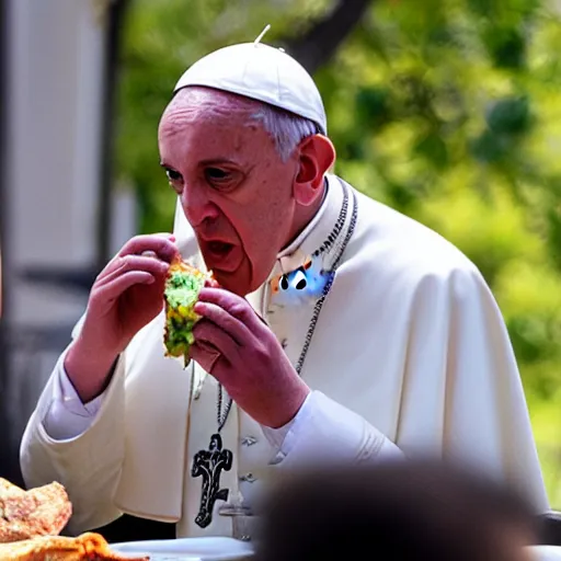 Image similar to young pope francis eating a burrito with john malkovich,