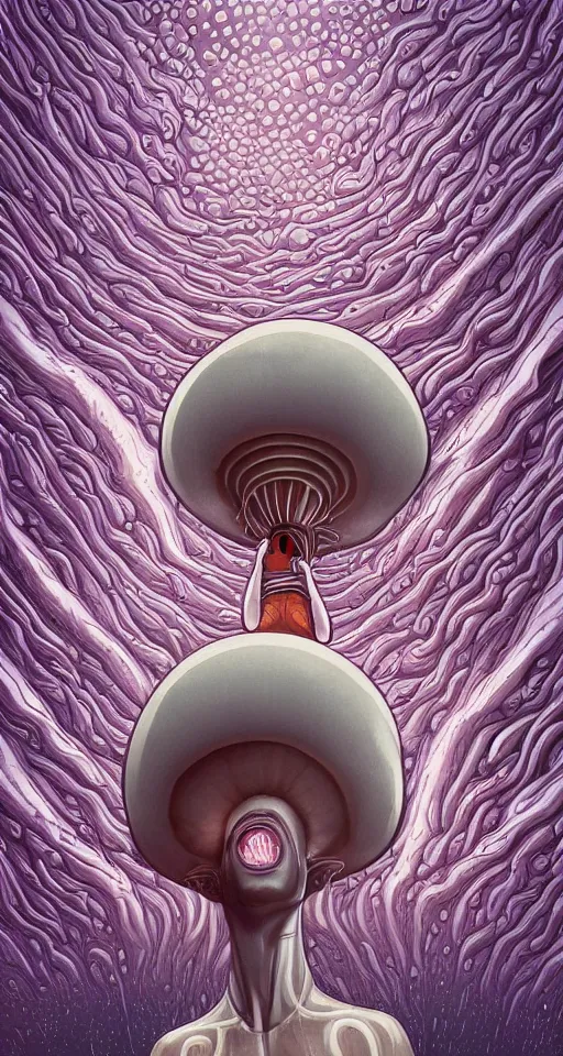 Image similar to art deco close up portait of mushroom head with big mouth surrounded by spheres, rain like a dream digital painting curvalinear clothing cinematic dramatic fluid lines otherworldly vaporwave interesting details epic composition by artgerm anton pieck