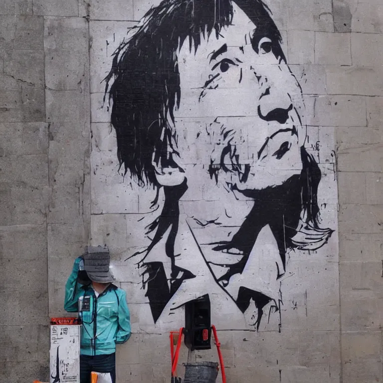 Image similar to Street-art full-body portrait of Jackie Chan in style of Banksy