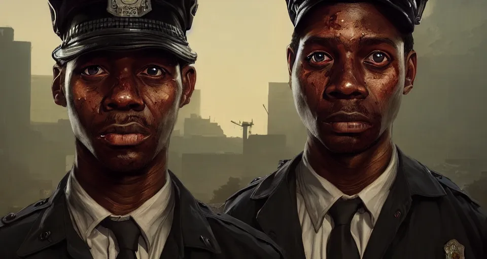 Image similar to highly detailed portrait black police officer zombie in gta v, stephen bliss, unreal engine, fantasy art by greg rutkowski, loish, rhads, ferdinand knab, makoto shinkai and lois van baarle, ilya kuvshinov, rossdraws, tom bagshaw, global illumination, detailed and intricate environment