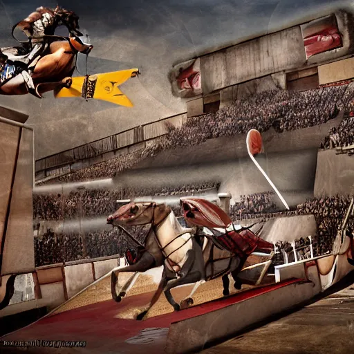 Image similar to roman horse chariot racer high jumping with chariot in a skate park half-pipe, video game cover, intense, high detail, crowd cheering