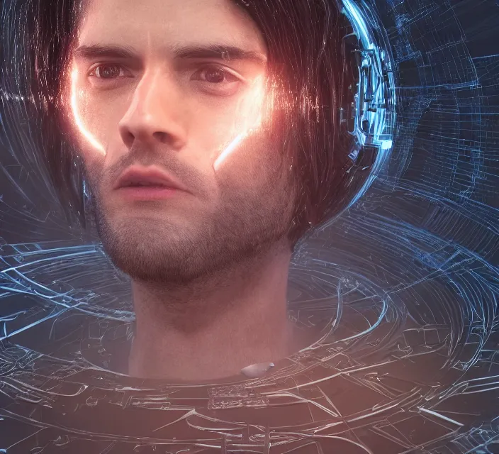 Image similar to realistic, handsome man dark hair, love, joy, complex cybernetic beings, glowing hair, vortexes, large array, ornate hair, 3 d model, fish eye, round form, cinematic light shadows, wet hdr refractions, insanely detailed rendering, artstation, 8 k, * * * * *