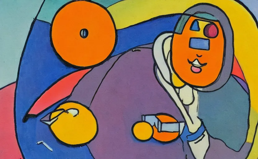 Prompt: In the style of Kandinsky, a painting of an astronaut eating an orange in front of a concrete building