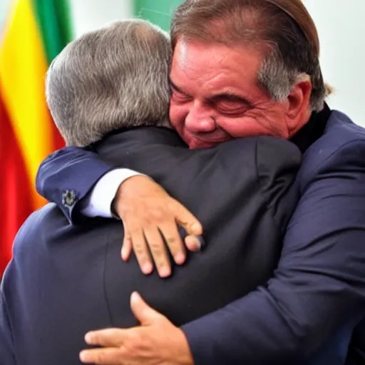 Prompt: Jair Bolsonaro hugging Luis Inacio Lula da Silva.