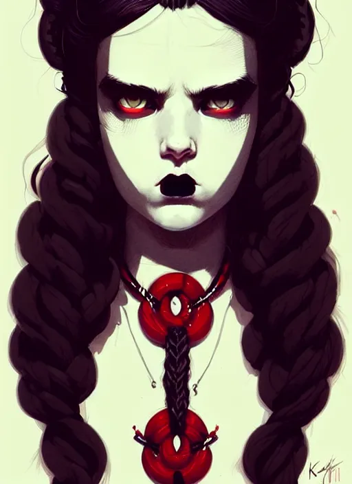 Prompt: highly detailed portrait of a goth teenager, tartan hoody, ringlet hair by atey ghailan, by greg rutkowski, by greg tocchini, by james gilleard, by joe fenton, by kaethe butcher, gradient red, black, cream and white color scheme, trending in pinterest, award winning details