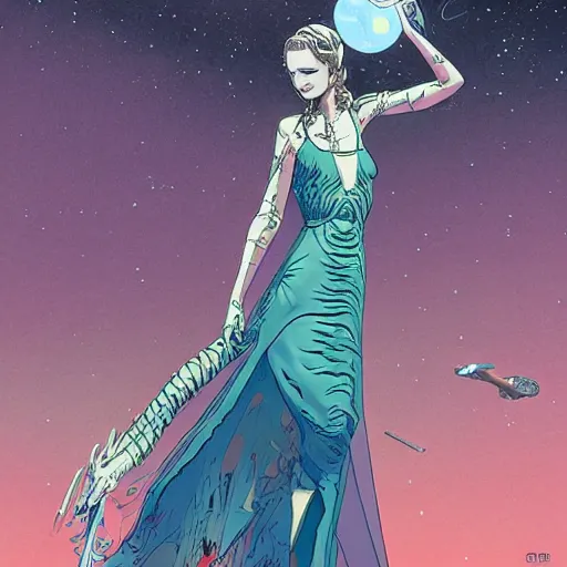 Image similar to dead princess in flowing long dress, in space, broken spaceship in background, futuristic, hi-tech details, style jean giraud, hyperdetailed, dark colors