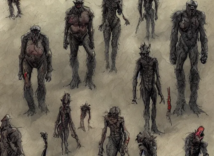 Prompt: mutant creatures, character design by enki bilal, close - up, very coherent, trending on artstation