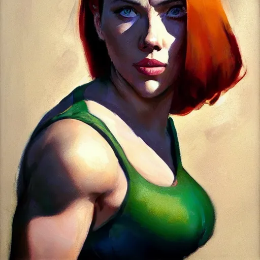 Image similar to greg manchess portrait painting of scarlett johansson as adult beautiful thick muscular female bodybuilder toph beifong from avatar, medium shot, asymmetrical, profile picture, organic painting, sunny day, matte painting, bold shapes, hard edges, street art, trending on artstation, by huang guangjian and gil elvgren and sachin teng