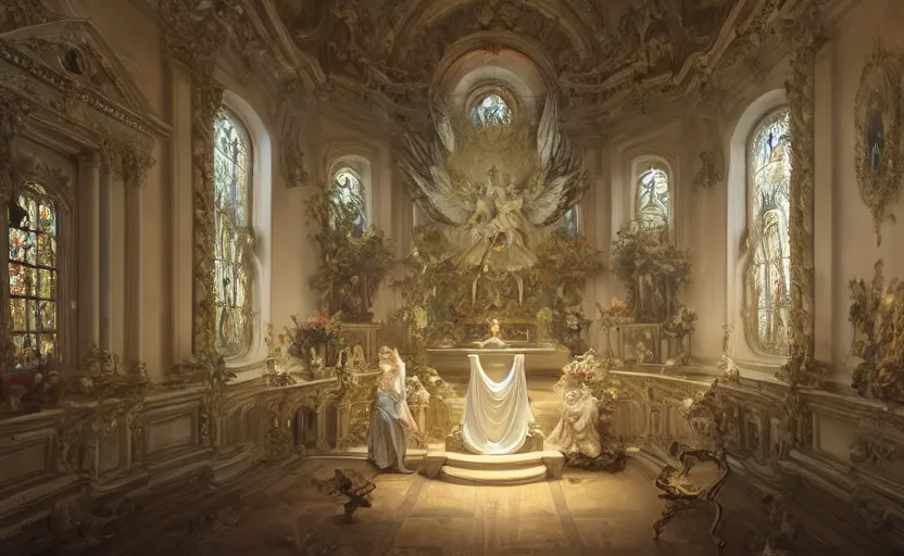 Prompt: a beautiful rococo chapel, in the center is a beautiful ethereal angel with white feathered wings, symettrical composition, intricate oil painting, ethereal, misty, dramatic lighting, amazing depth, 8 k, octane render, by ruan jia and jeremy mann and alphonse mucha