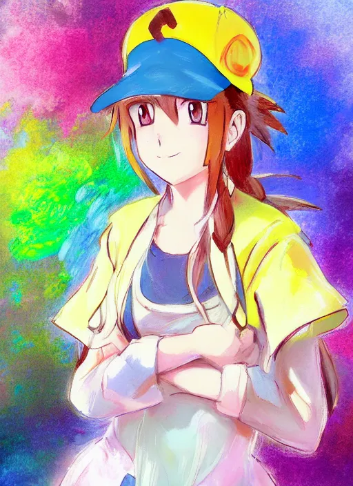 Prompt: a portrait of a female pokemon trainer, rainbow outfit, very anime in impressionist style, anime trending artwork, anime painter studio, by claude monet