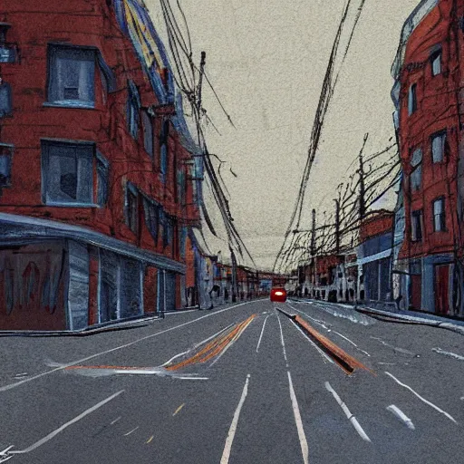 Image similar to impending disaster on an empty street, tense atmosphere, dark shadows, digital painting, sharp lines