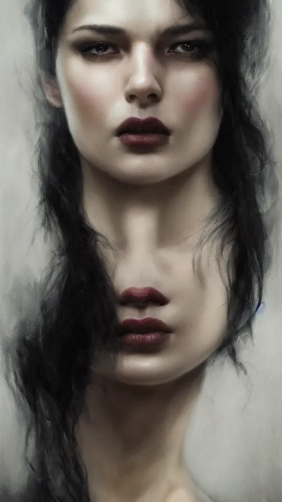 Image similar to Face of a beautiful woman with very black hair, intimidating woman, large black eyes, high forehead, smooth pale skin, ethereal skin, ominous, eldritch. oil painting by nuri iyem, james gurney, james jean, greg rutkowski, highly detailed, soft lighting, chiaroscuro