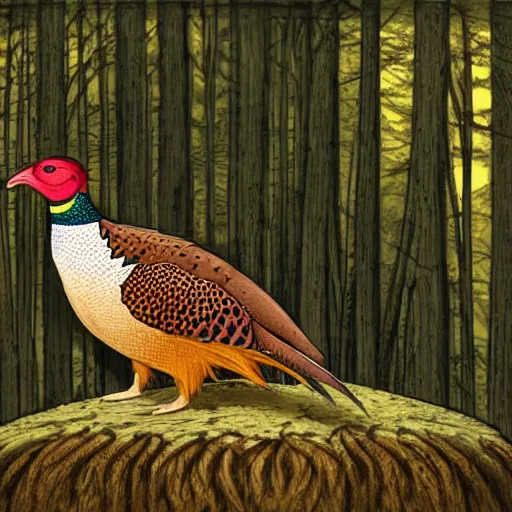 Image similar to pheasant sits on a stump with sword, in deep forest, by rivuletpaper, rivuletpaper art, Mouse Guard by David Petersen, mouse photo, small details, realistic illustration,