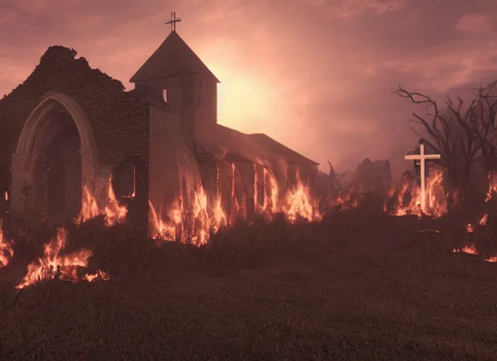 Image similar to a church is violently burning in the ruins of a native american village, burnt huts, bodies on the ground, jesus cross, horror, dramatic lighting, dawn, by caspar david friedrich, unreal engine 5