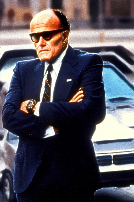 Image similar to Rudy Giuliani in Robocop (1987) movie, shootout scene, highly detailed