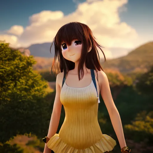 Prompt: Render of a very beautiful 3d anime girl, long hair, hazel eyes, cute freckles, full round face, short smile, cute sundress, golden hour, serene mountain setting, medium shot, mid-shot, highly detailed, trending on Artstation, Unreal Engine 4k