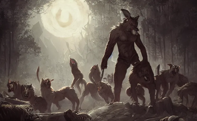 Image similar to A painting of cabbit finds himself surrounded by a clan of tribal werewolves trending on artstation in the style of Greg Rutkowski