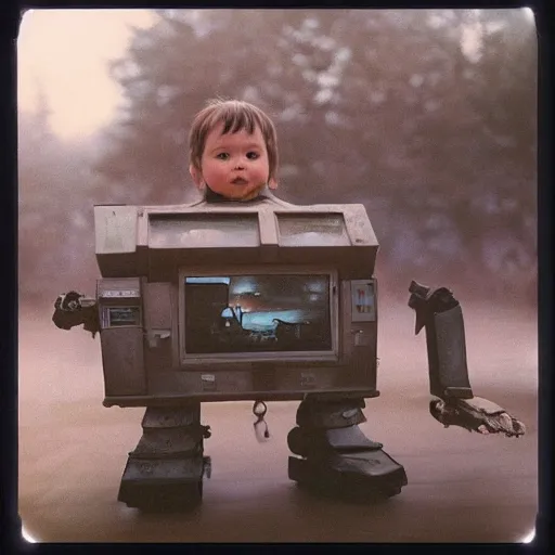 Image similar to giant oversized robot mech baby on a village, Cinematic focus, Polaroid photo, vintage, neutral colors, soft lights, foggy, by Steve Hanks, by Serov Valentin, by lisa yuskavage, by Andrei Tarkovsky