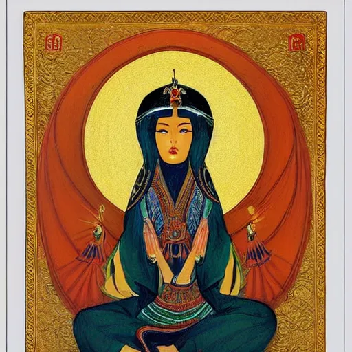 Prompt: gorgeous asian goddess drawn in russian orthodox icon style by Dragan Bibin and Frank Frazetta