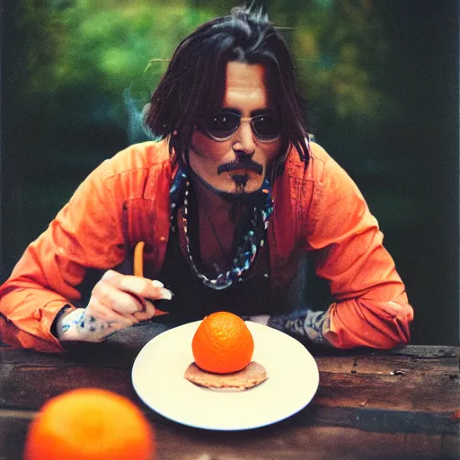 Prompt: johnny depp eating orange cake coloured film photography, 5 0 mm film