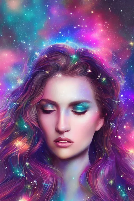 Prompt: one super realistic beautiful young womans face, magical, space stars and planets in her hair, windblown, intricate, synth-wave, retrowave, colorful, highly-detailed, elegant, dramatic lighting, gorgeous face, lifelike, photorealistic face, long luxurious intricate gown, digital painting, artstation, illustration, concept art, smooth, sharp focus, art by Jude Palencar, John Collier, artgerm, and Albert Aublet and Krenz Cushart and Artem Demura and Alphonse Mucha