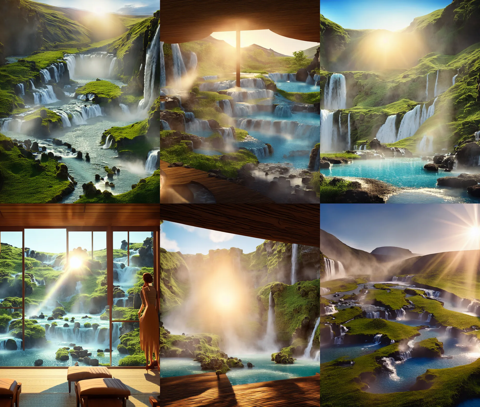 Prompt: establishing wide shot inside resort hotel, beside the combination of iceland hot springs and yangtze river waterfalls, sunny morning light, soft sunbeam, fantasy movie still, 4 k, unreal engine