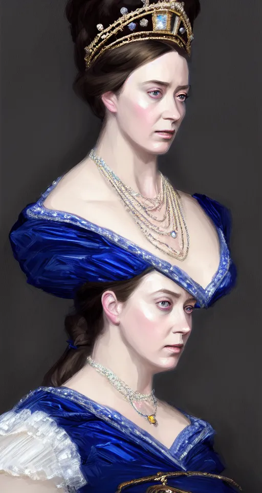 Image similar to portrait of emily blunt as queen victoria, jewelry, greek, sapphire, victorian age, 1 8 9 0, intricate, headshot, key visual, conceptart, ambient lighting, highly detailed, digital painting, artstation, concept art, sharp focus, by makoto shinkai and akihiko yoshida and greg manchess