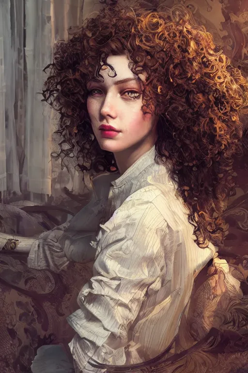 Image similar to a young beautiful lady with curly hair, in style of Valentin Serov, hypermaximalistic, high details, cinematic, 8k resolution, beautiful detailed, insanely intricate details, artstation trending, octane render, unreal engine