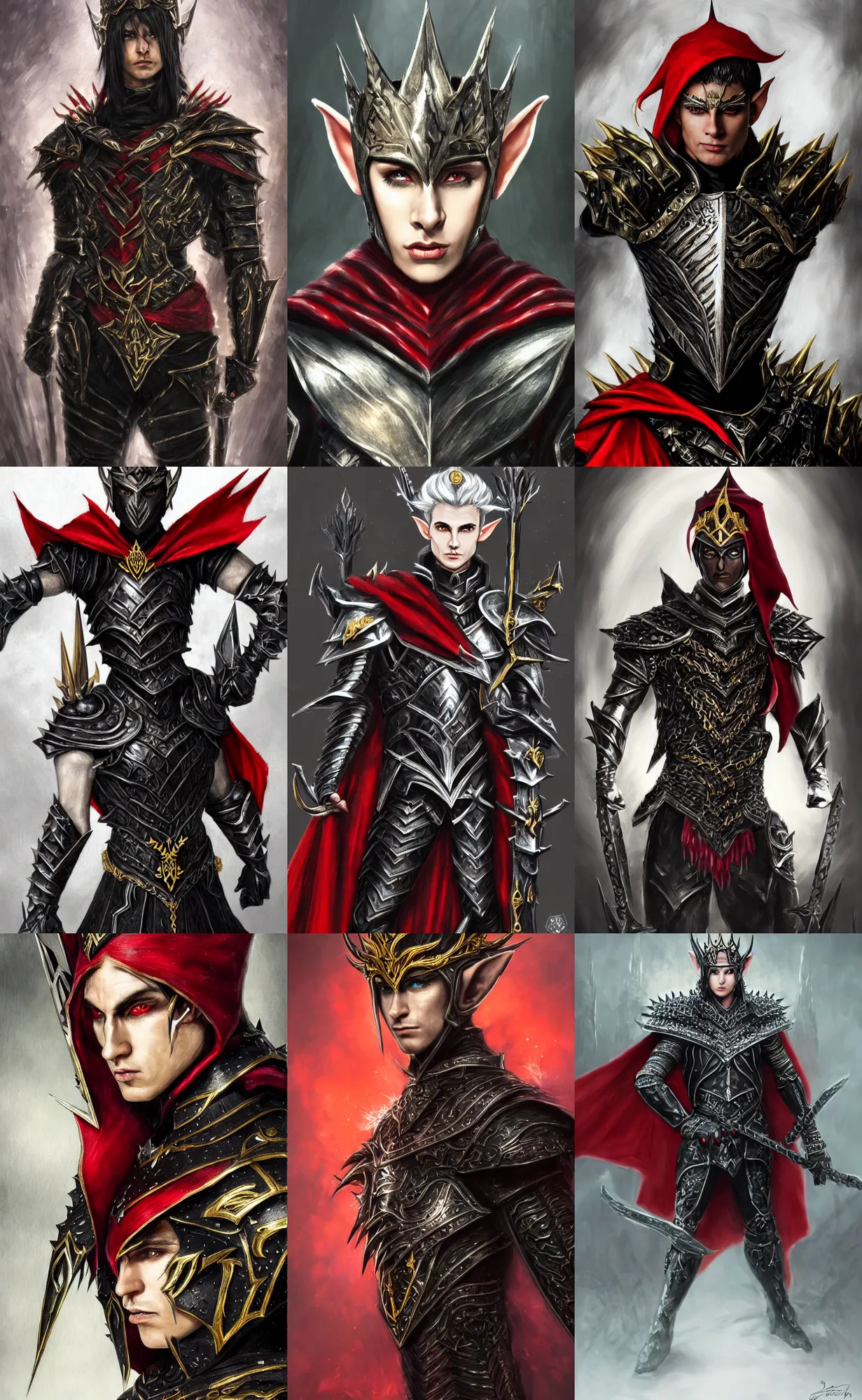 Prompt: A portrait of a male elf wearing a black spiked metal tiara, black heavy armor with gold plating, and a red cape, 20 years old, short silver hair, red eyes, lean but muscular, attractive, command presence, royalty, weathered face, smooth, sharp focus, illustration, concept art, highly detailed portrait, muscle definition, fantasy painting, ArtStation, ArtStation HQ