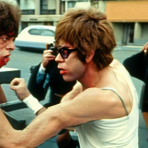 Prompt: Mick Jagger fighting Elton John in the street. 1978. Still from CNN broadcast news