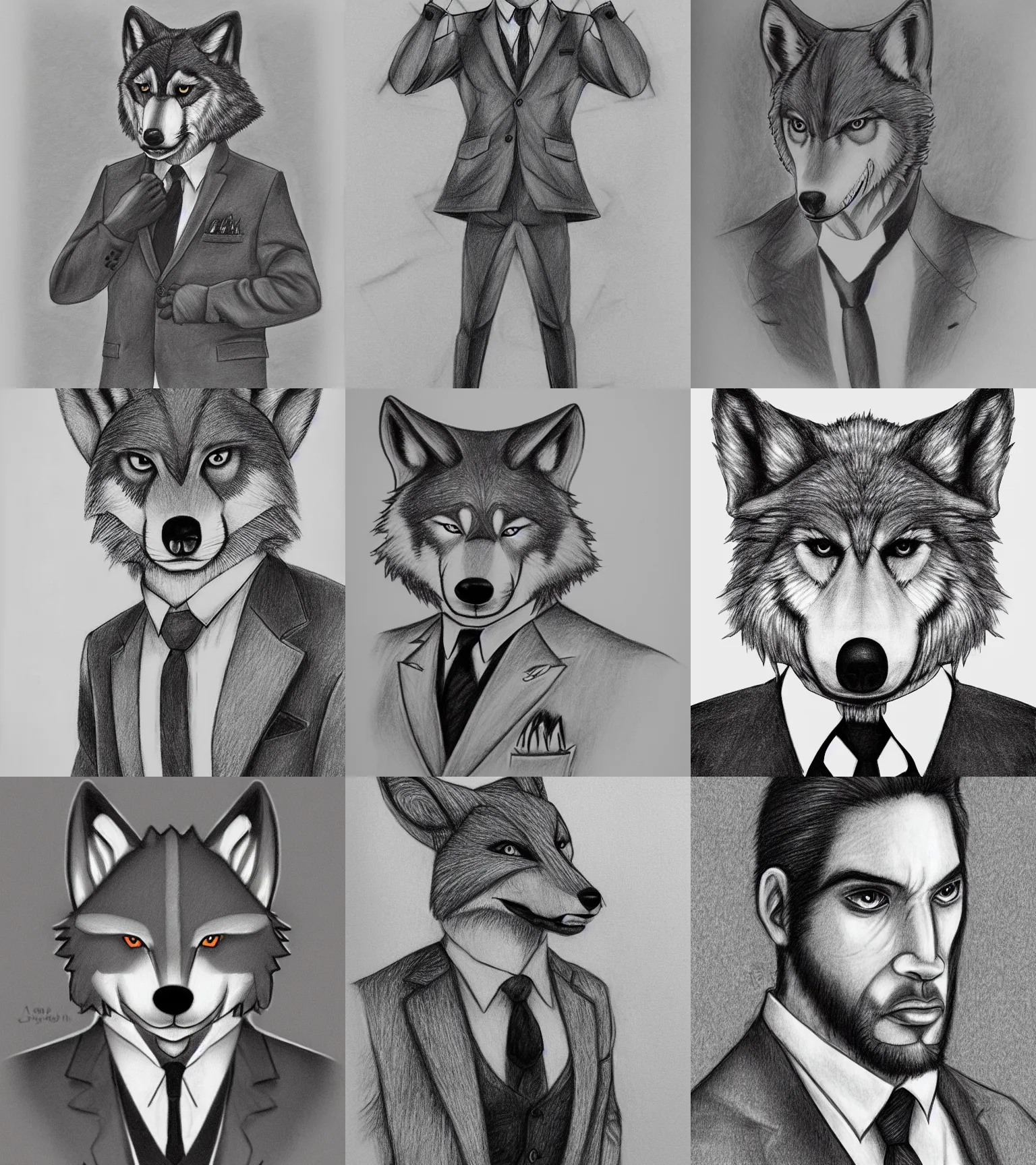 Prompt: master furry artist pencil drawing portrait of the anthro male anthropomorphic wolf fursona animal person detective wearing suit and tie