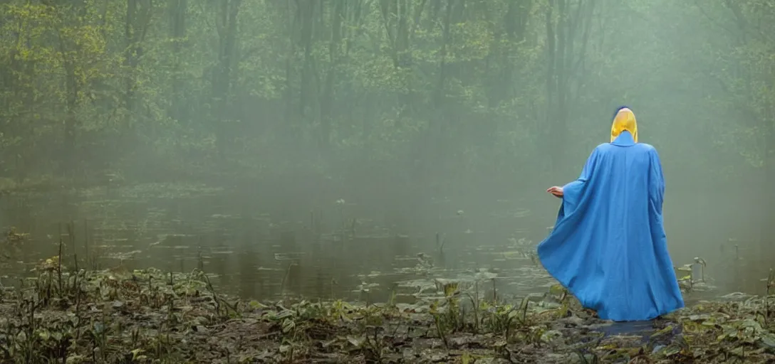 Image similar to an angel in blue and yellow robes in a swamp, sunny weather, foggy, cinematic shot, photo still from movie by denis villeneuve