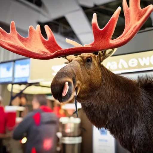 Image similar to a moose with maple leaf antlers selling coffee at a stand, realistic, 8 k