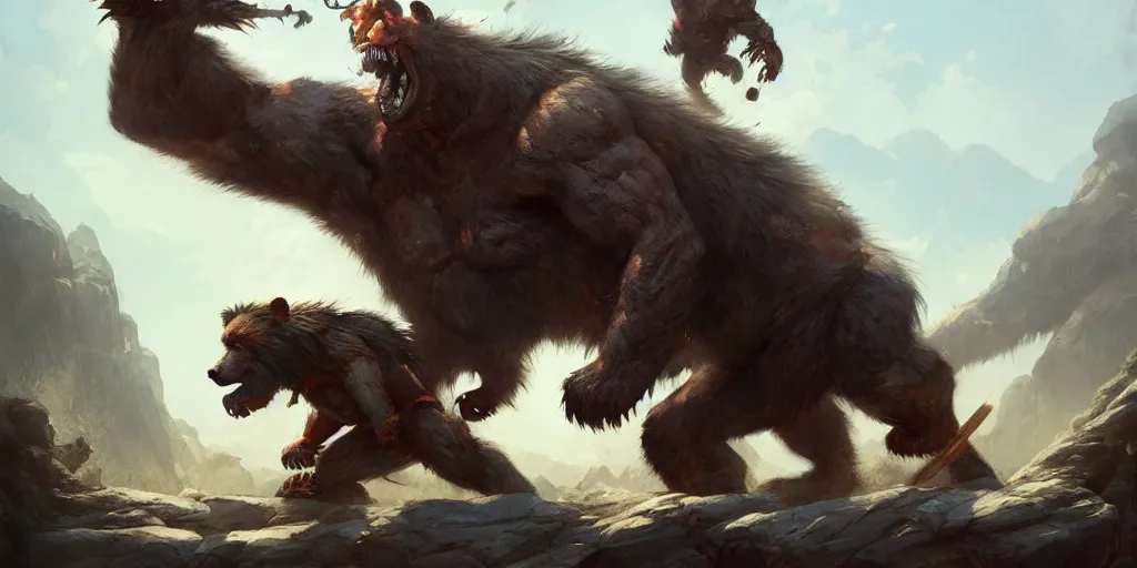 Image similar to Giant demon bear fighting a muscular gnoll. In style of Greg Rutkowski, Jesper Ejsing, Makoto Shinkai, trending on ArtStation, fantasy, great composition, concept art, highly detailed, scenery, 8K, Behance.