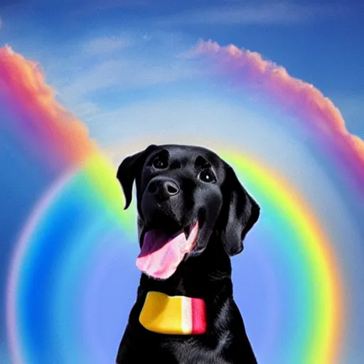 Prompt: adorable black lab chasing a hotdog across a rainbow, very detailed, 4 k, by disney