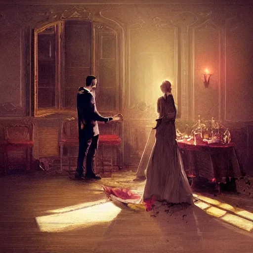 Image similar to Consummating the marriage, darkened room, vintage colors, elegant interior, by Greg Rutkowski and artgerm, high detail