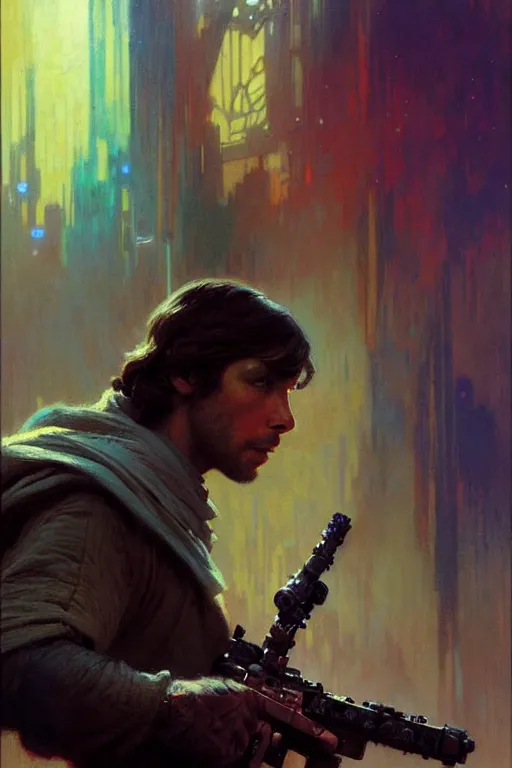 Prompt: attractive man, star wars, cool colors, painting by gaston bussiere, craig mullins, greg rutkowski, alphonse mucha