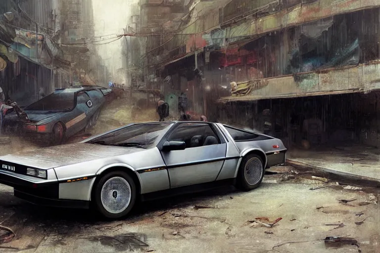 Image similar to photograph of the delorean, with a sleek spoiler, driving down the streets of a cyberpunk abandoned city, by greg rutkowski, by stanley artgerm, by alphonse mucha